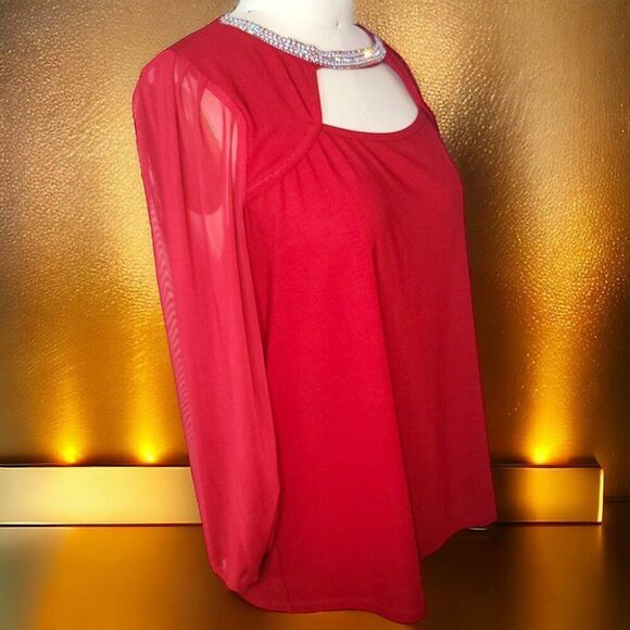 Festive red sheer sleeves crystal collar top - Picture 2 of 9